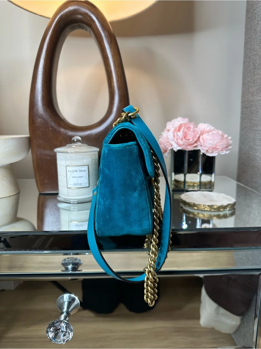 Small Gucci Teal Velvet GG Marmont Shoulder Bag with Gold Hardware - Picture 5 of 12